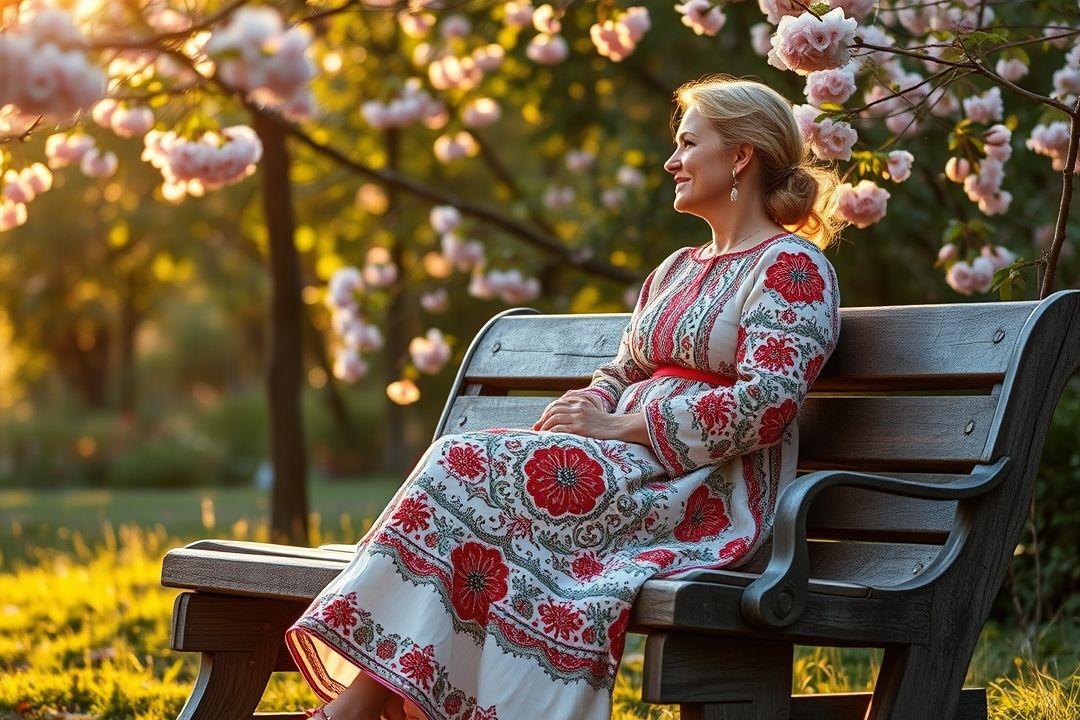Русская мать в платье с длинными рукавами, на фоне зимнего пейзажа