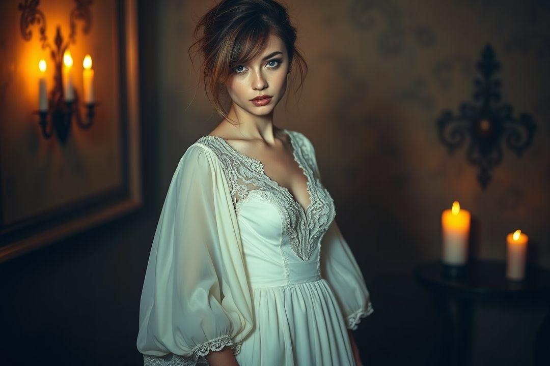 белое платье с рюшами, на фоне старинного театра