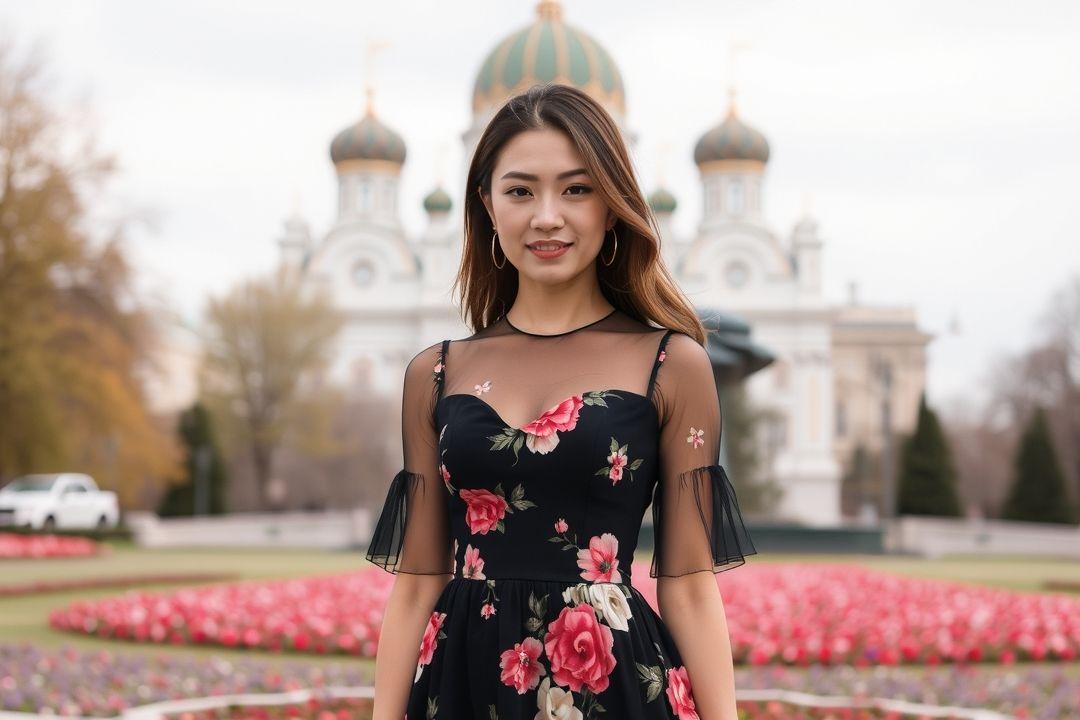 Черное платье с золотыми акцентами, на фоне минского арт-объекта