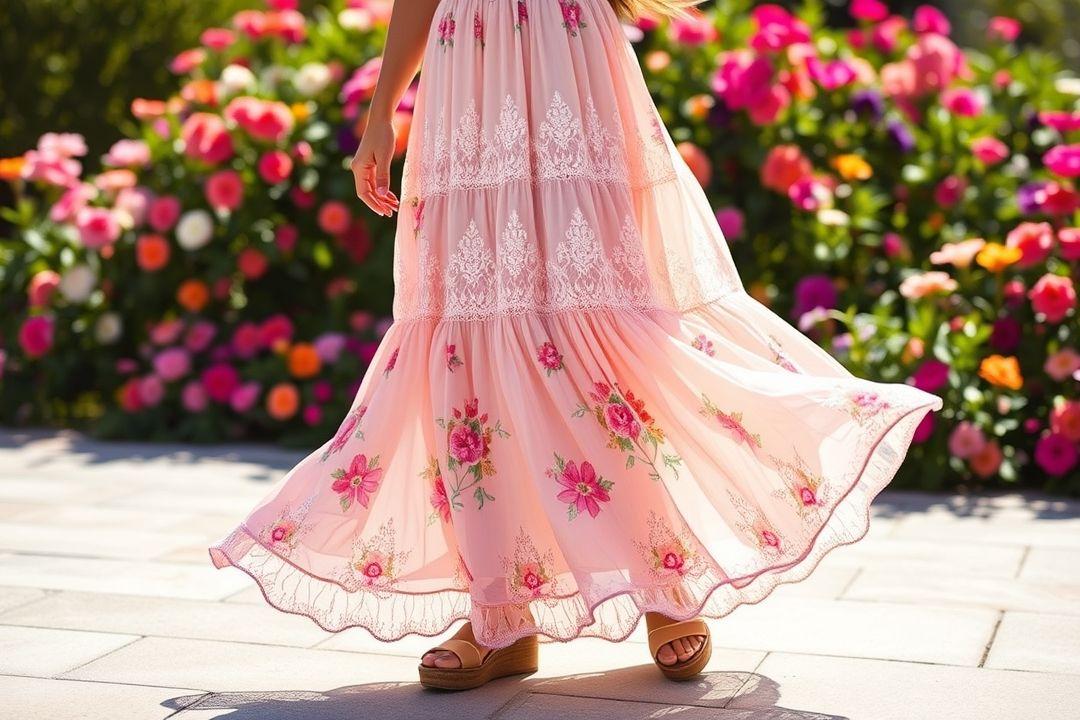  Макси платье с рюшами и босоножками на высоком каблуке