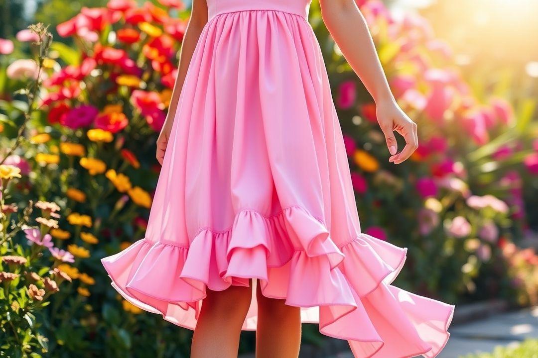  Платье с валанами, светло-розовое, с поясом на талии