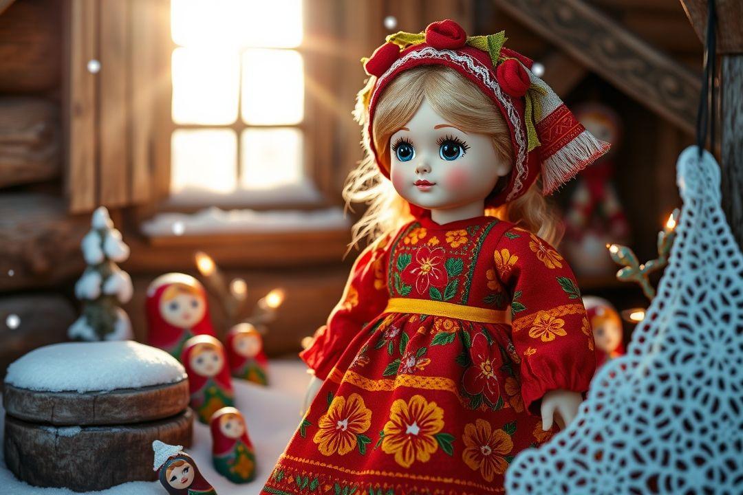 Кукла в старинном платье из шелка, с декоративной отделкой