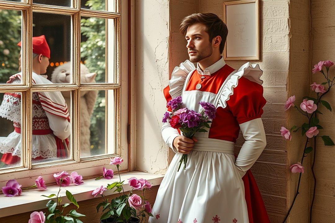 Парень в коротком платье горничной, держащий метлу, с игривым выражением лица