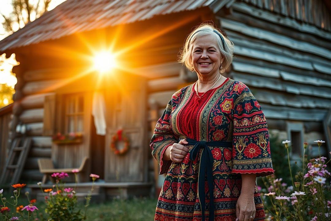 Русская мать в платье с кружевами, сидящая на стуле