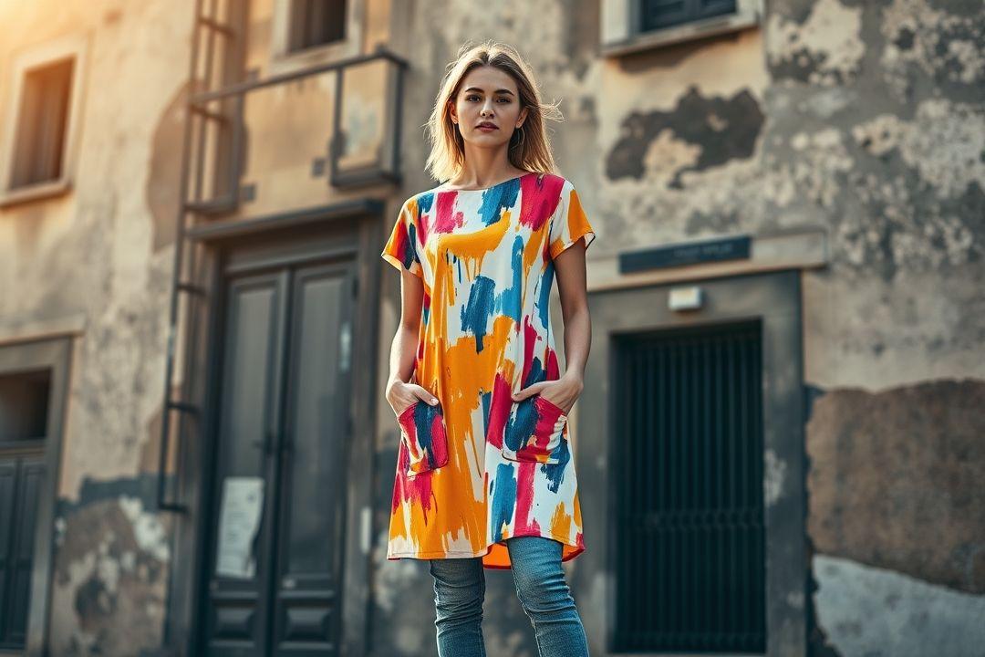 Платье-рубашка с открытыми плечами, джинсы, на фоне летнего фестиваля