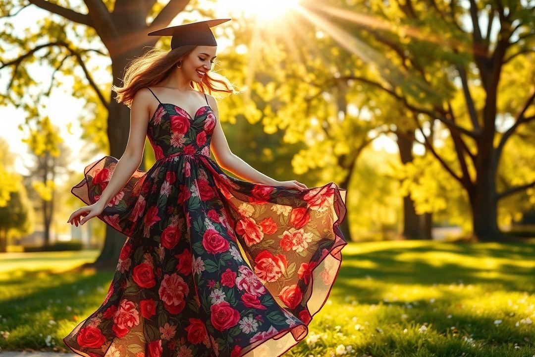  Эффектное выпускное платье, с ярким принтом, на фоне помпезного входа в университет