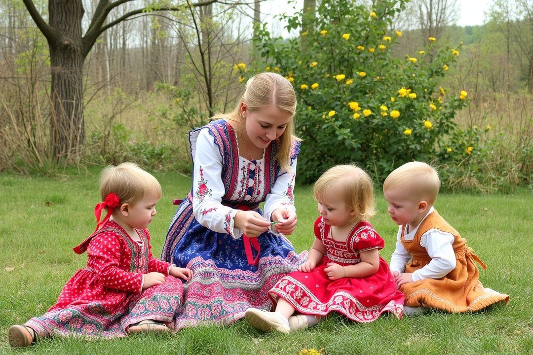 Русская мать в платье, обнимающая ребенка на фоне цветущего сада.