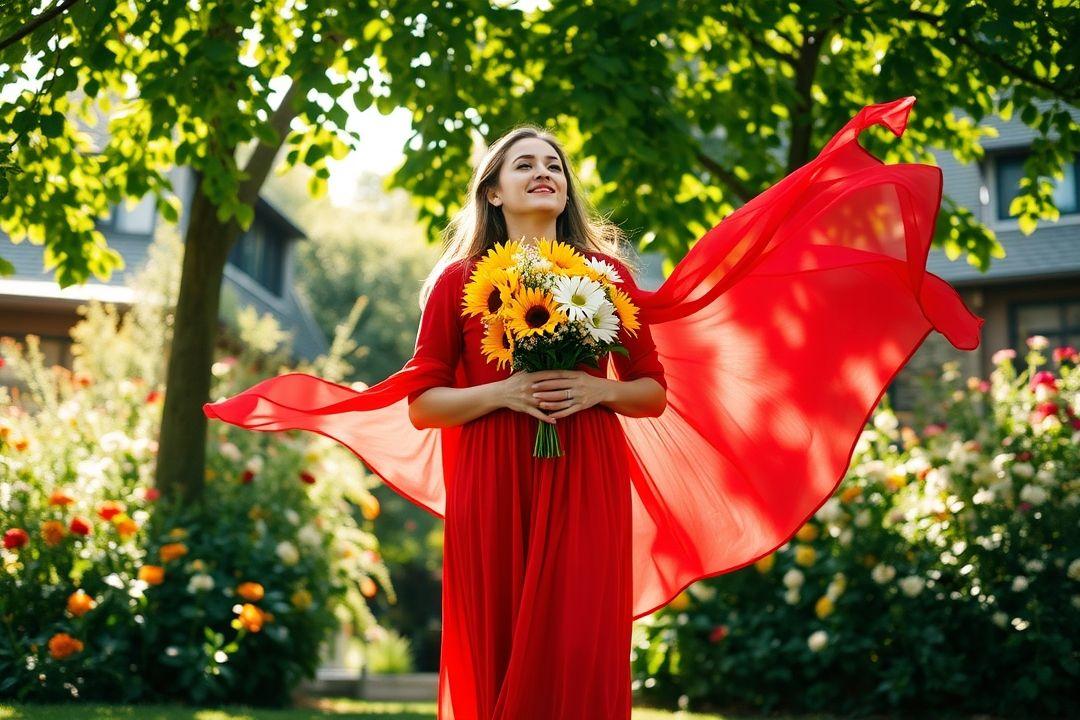 Молодая женщина в красном платье, танцующая на улице