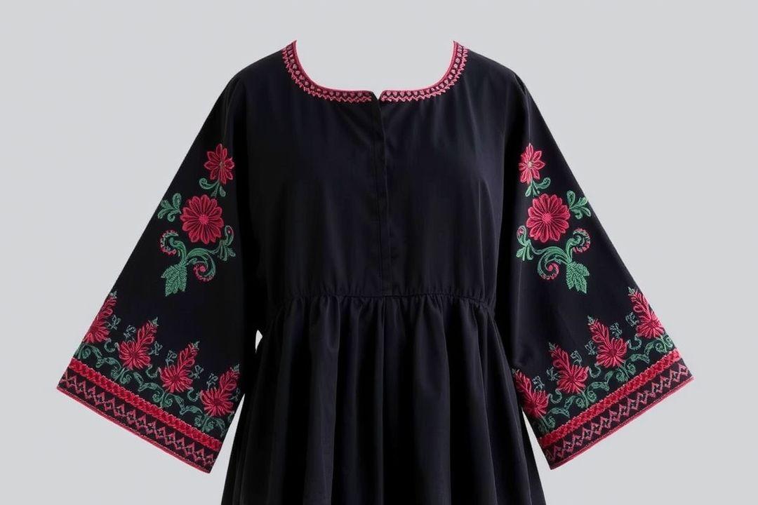 Платье трапеция с рукавами, из плотной ткани, черного цвета.