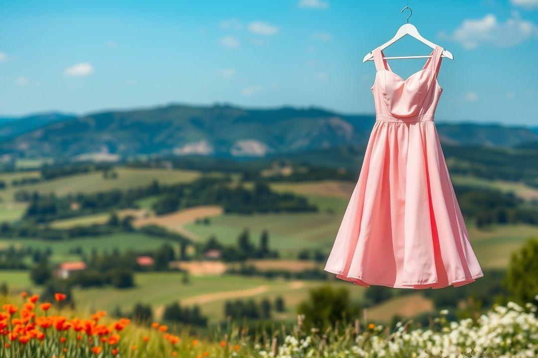 Платье розовое в стиле boho, размер 46, на модели на природе.