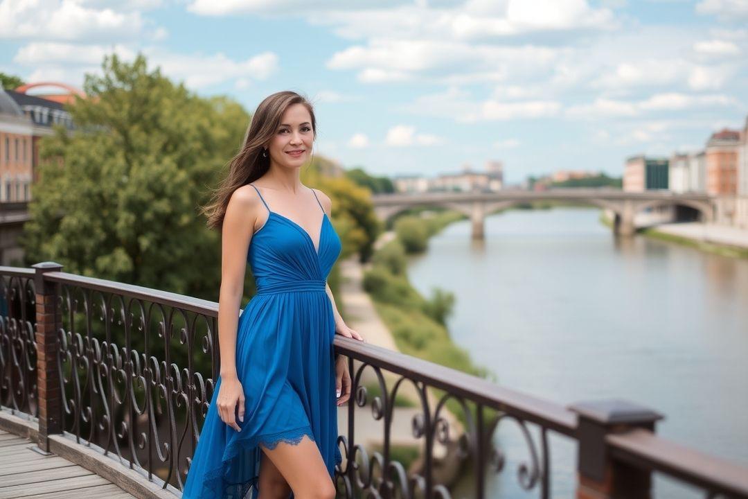 Брюнетка в голубом платье на фоне цветущего сада