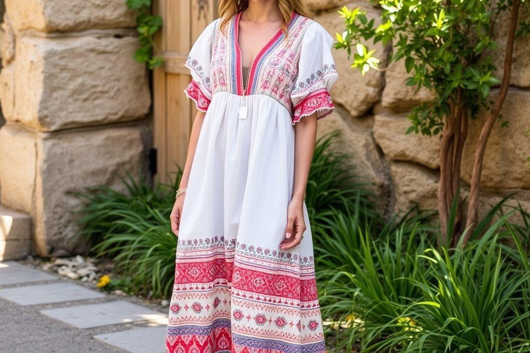 Длинное льняное платье с ярким floral-узором