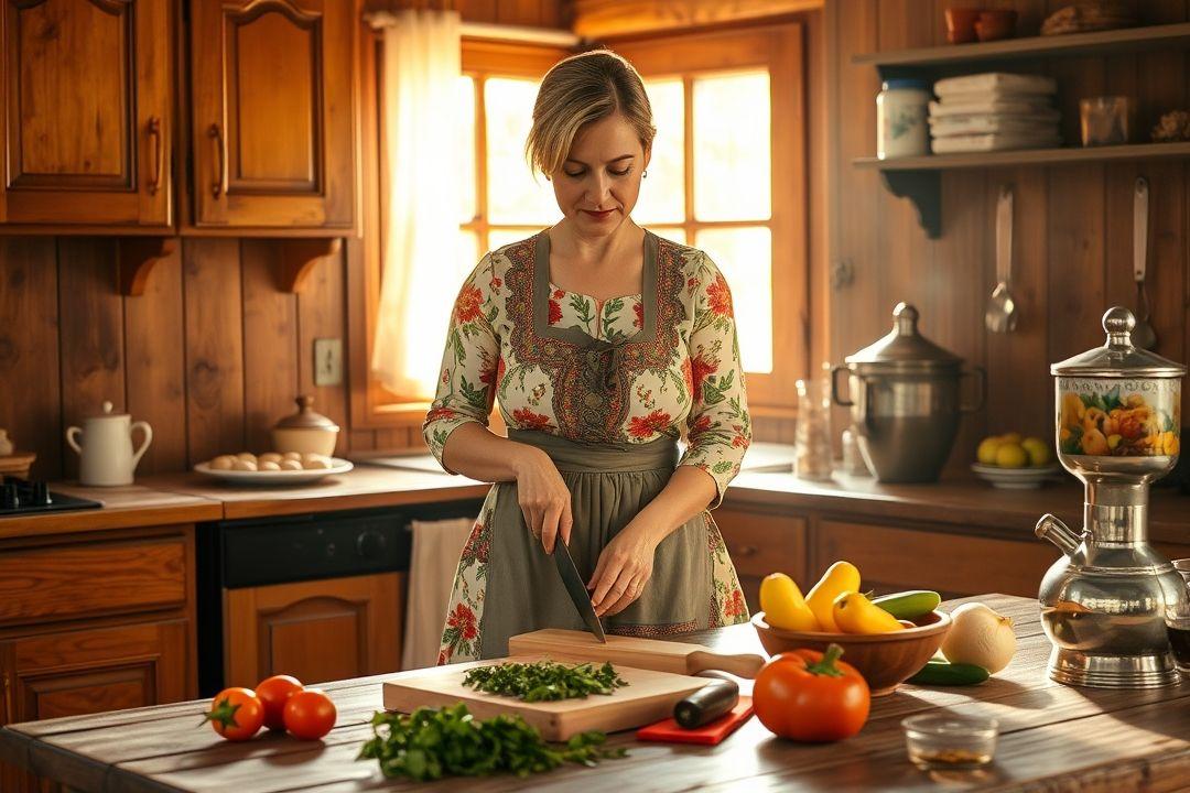 Русская мать в традиционном платье, стоящая на фоне леса