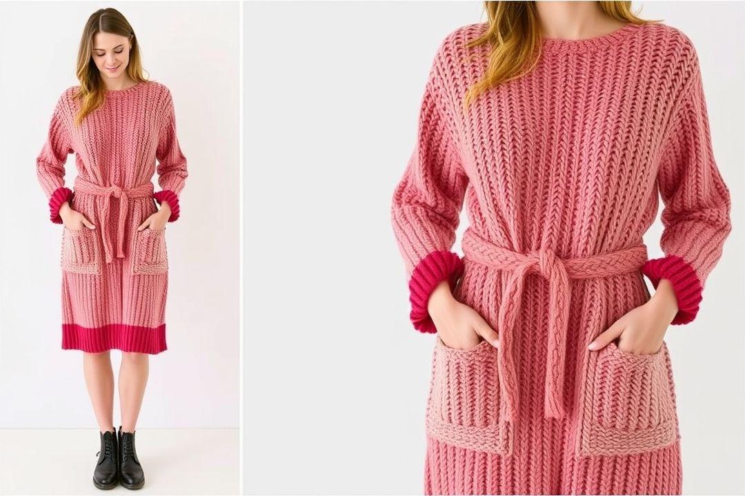 Вязаное платье с длинными рукавами, выполненное из яркой пряжи
