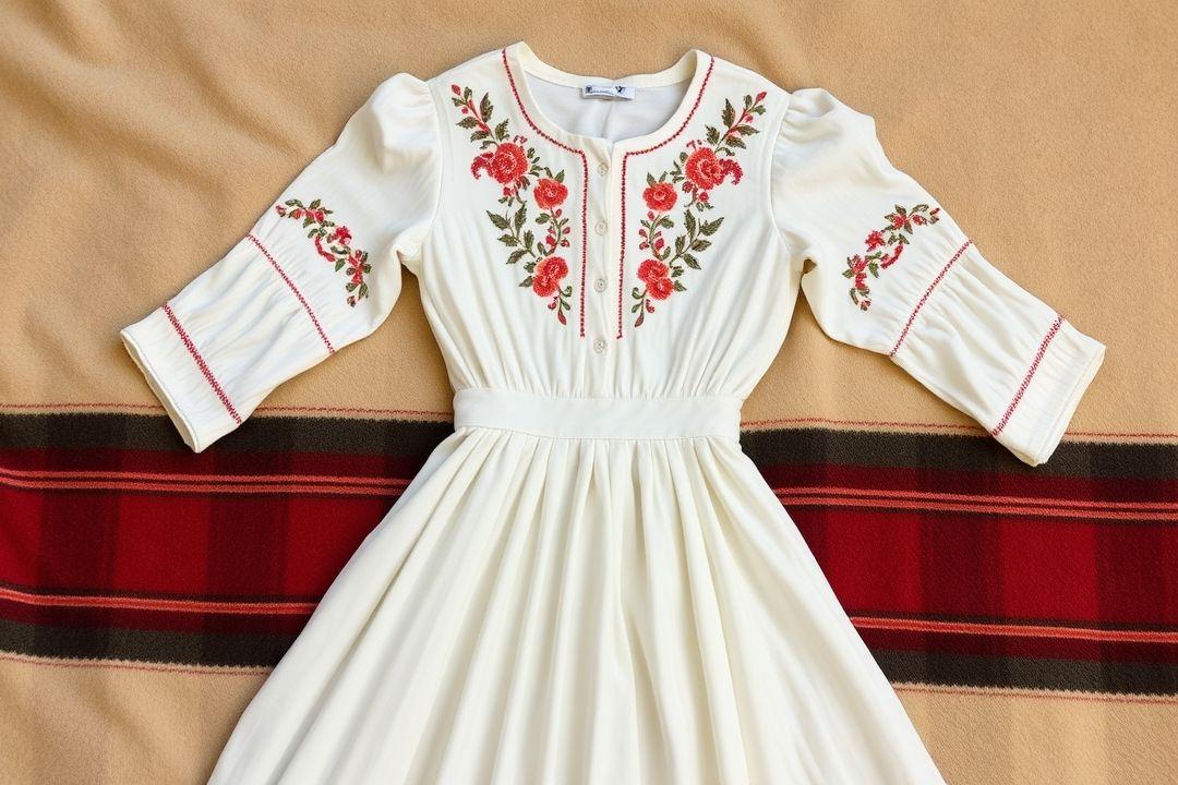 Винтажное платье с цветочным принтом на фоне старинного дома